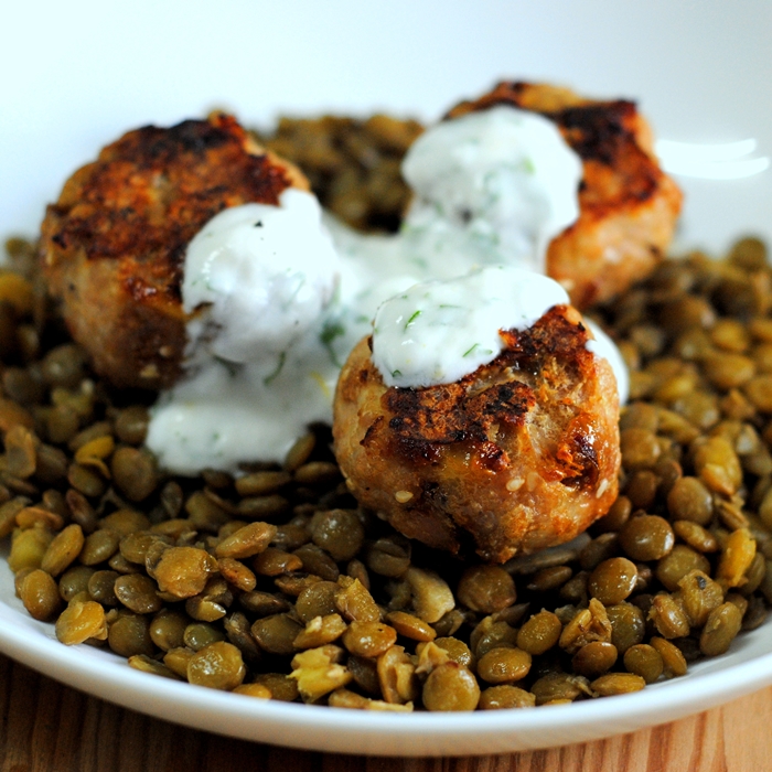 Turkey Meatballs with Dates, Lentils and Yogurt Sauce