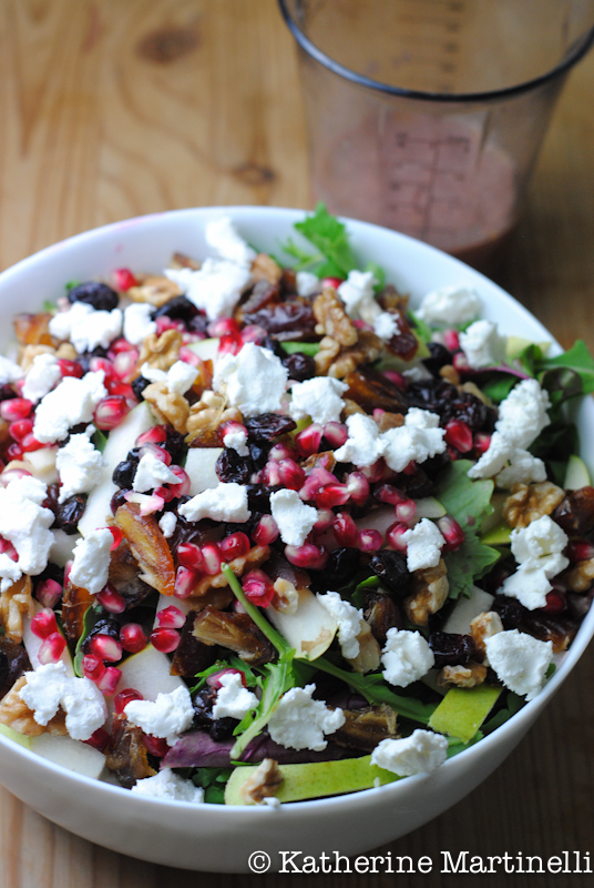 Pear, Date, Pomegranate, and Goat Cheese Salad with Pomegranate Vinaigrette 